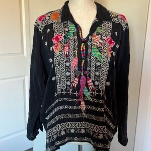 Johnny Was washed out black rayon top w/beautiful detailed embroidery.